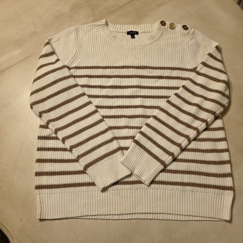 Talbots Metallic Gold & Cream Striped Shoulder Button Sweater - Large. - Picture 2 of 7